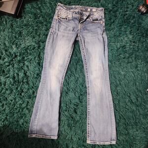 Miss Me Distressed Bootcut Jeans Size 25x30 Embellished Pockets (Missing Button)